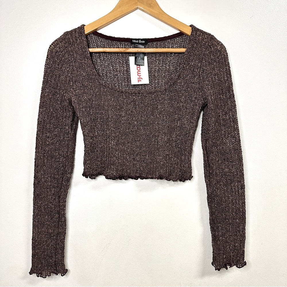 Ruffle Trim Square Neck Knit Long Sleeve Crop Top